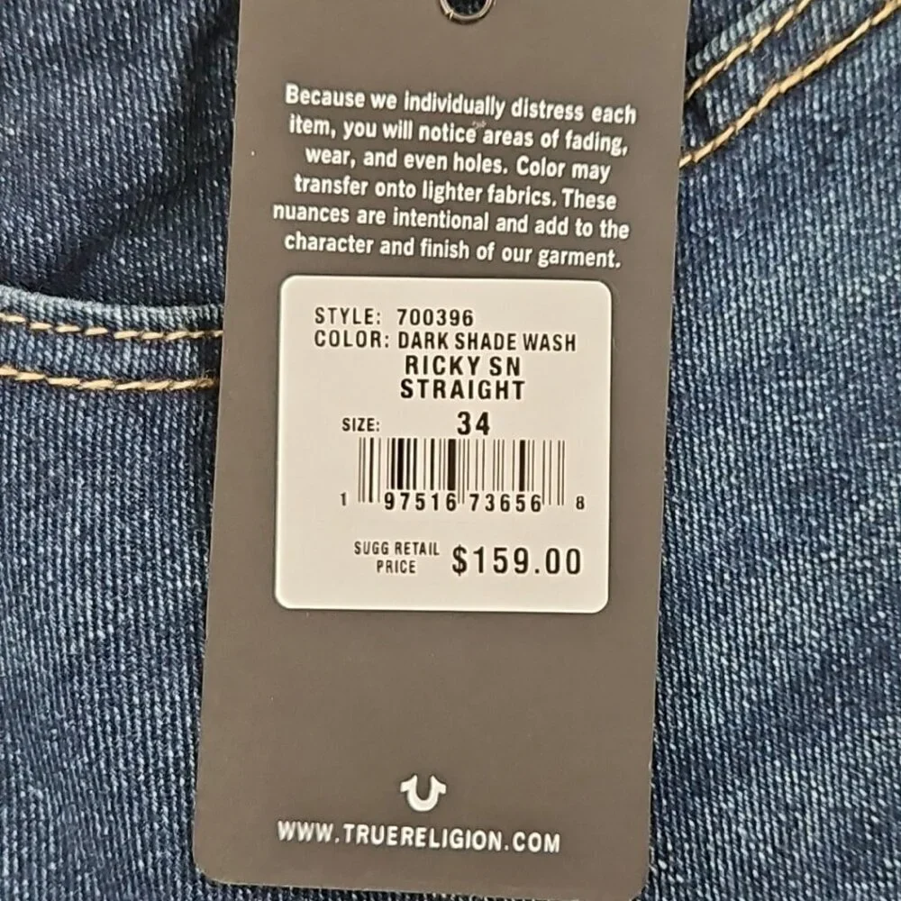 True Religion Ricky Jeans Men's 34 x 34 Relaxed Straight Blue Denim NWT Flap Pkt
